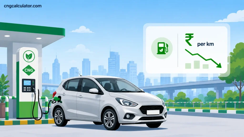 CNG smart calculator showing running cost per km 